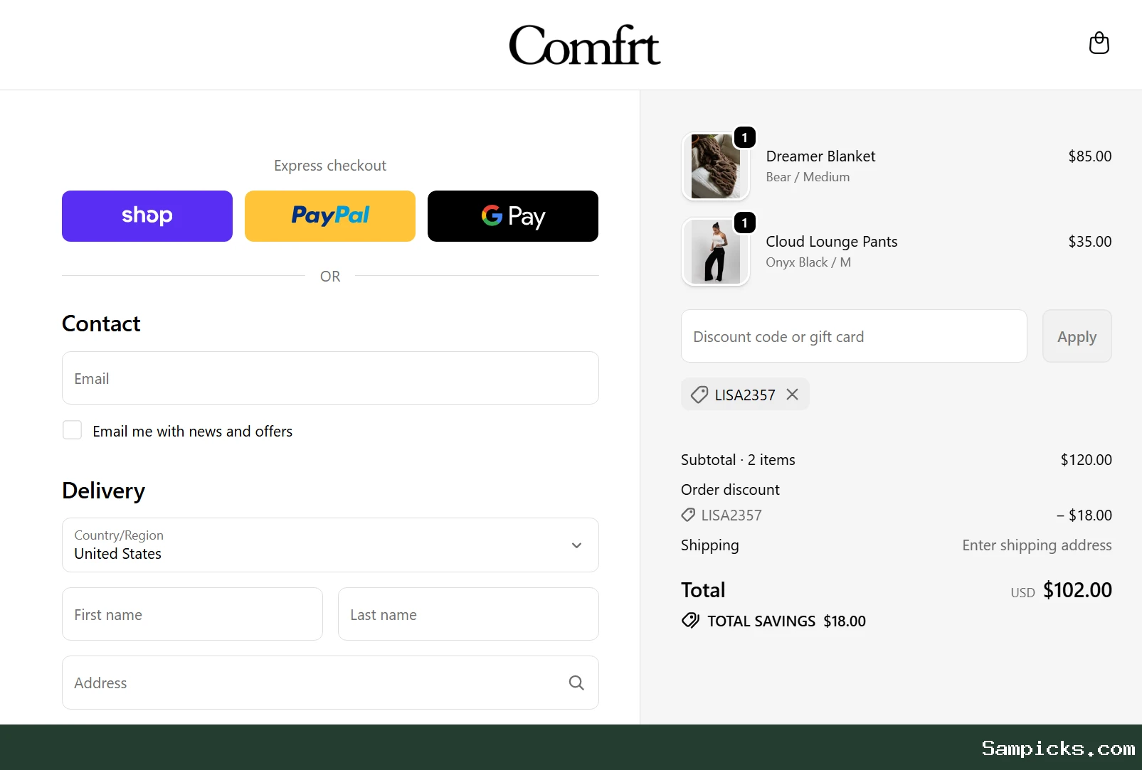Where to enter your coupon at Comfrt checkout